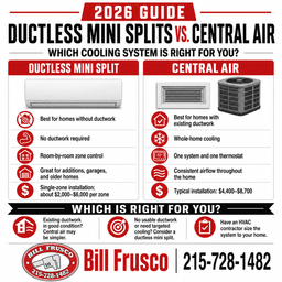 Bill Frusco infographic comparing ductless mini-split systems and central air, including benefits, typical installation costs, and guidance for choosing the right cooling system.